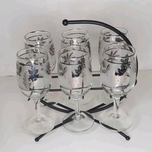 Vintage Libbey Leaf Patterned Wine Glasses w/ Caddy